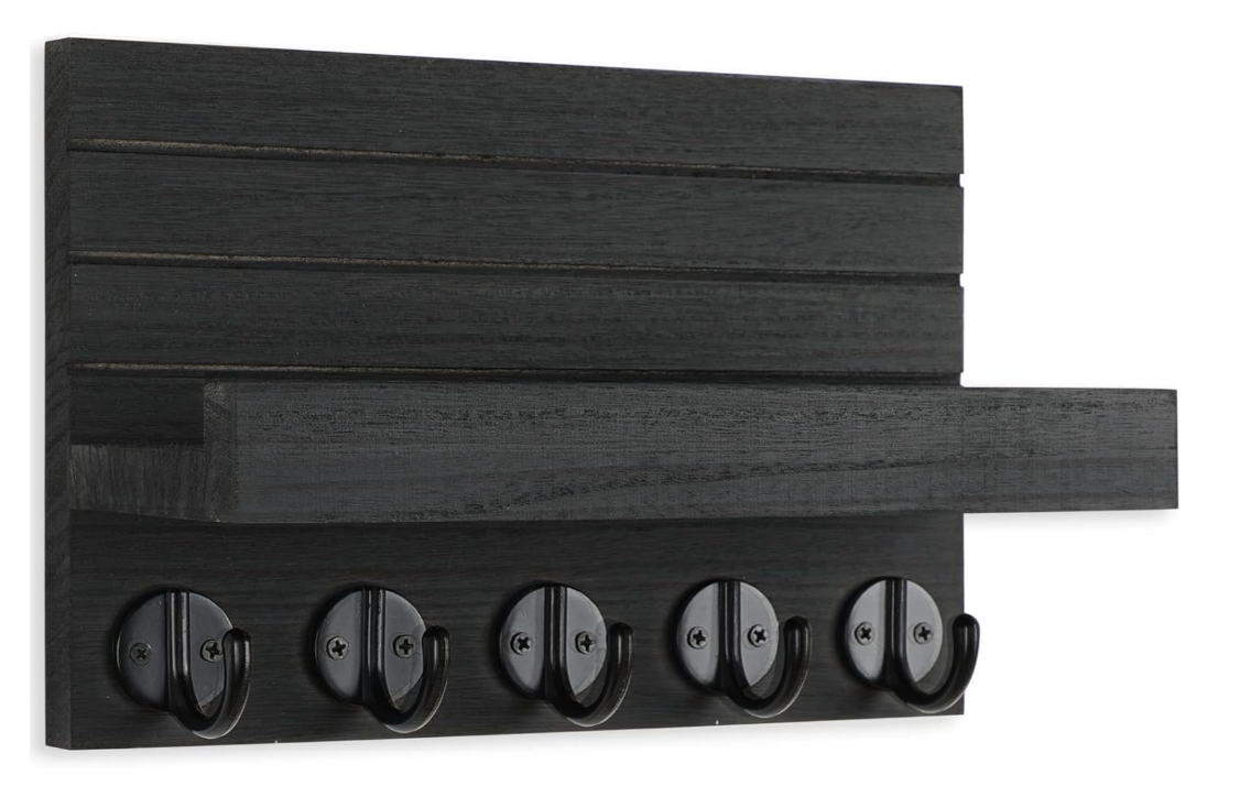 Key Holder for Wall, Decorative Key and Mail Holder with Shelf Has Large Hooks for Bags, Coats, Umbrella – Paulownia Wood Key Hanger with Mounting Hardware (9.8”W x 6.7”H x 4.2”D)