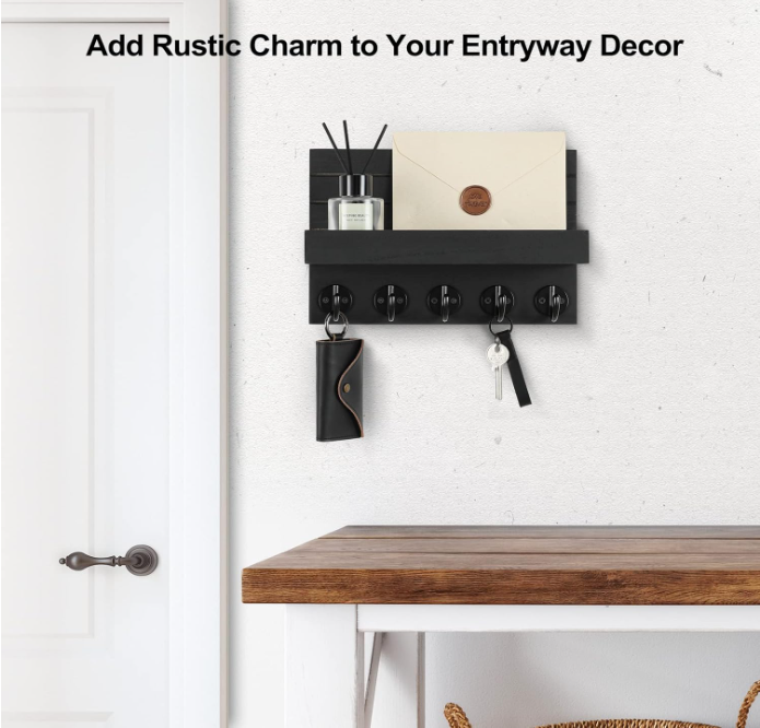 Key Holder for Wall, Decorative Key and Mail Holder with Shelf Has Large Hooks for Bags, Coats, Umbrella – Paulownia Wood Key Hanger with Mounting Hardware (9.8”W x 6.7”H x 4.2”D)