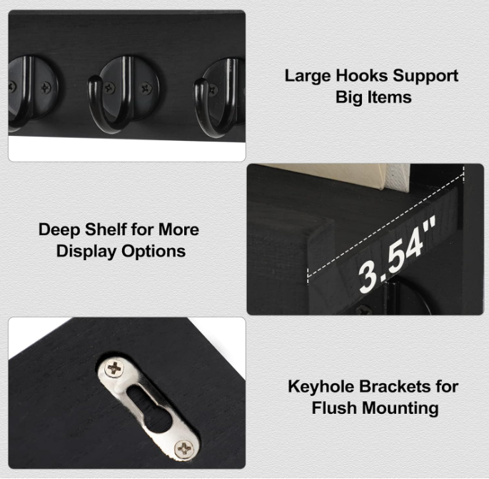 Key Holder for Wall, Decorative Key and Mail Holder with Shelf Has Large Hooks for Bags, Coats, Umbrella – Paulownia Wood Key Hanger with Mounting Hardware (9.8”W x 6.7”H x 4.2”D)