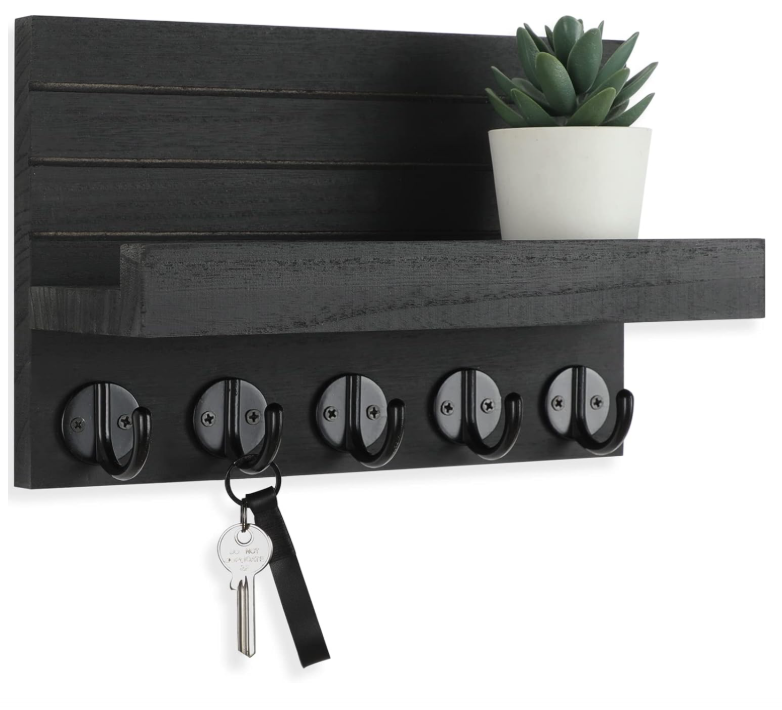 Key Holder for Wall, Decorative Key and Mail Holder with Shelf Has Large Hooks for Bags, Coats, Umbrella – Paulownia Wood Key Hanger with Mounting Hardware (9.8”W x 6.7”H x 4.2”D)